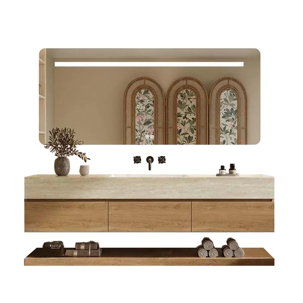 Wandhängendes Badmöbel-Set Travertin-Look mit Sinterstein Waschbecken Spiegel Unterschrank Ablage ohne Armaturloch 120×55 cm【YT9865-120 BKK】