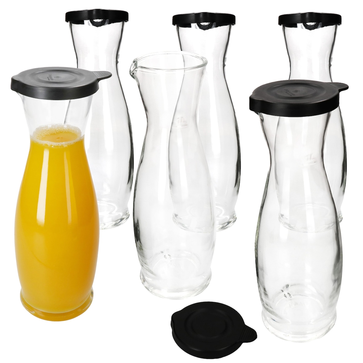 6x MIA MISURA Wein-Karaffe mit Deckel schwarz 1L geeicht Glas-Krug Saft Wasser