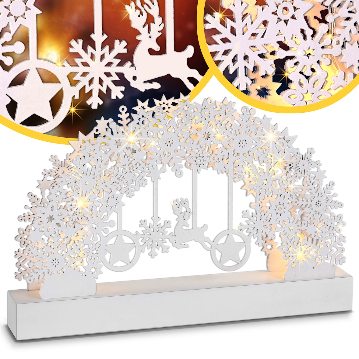 Monzana Schwibbogen Schneeflocken Holz Weiß LED Beleuchtet Weihnachten Deko Weihnachtsbogen Lichterbogen