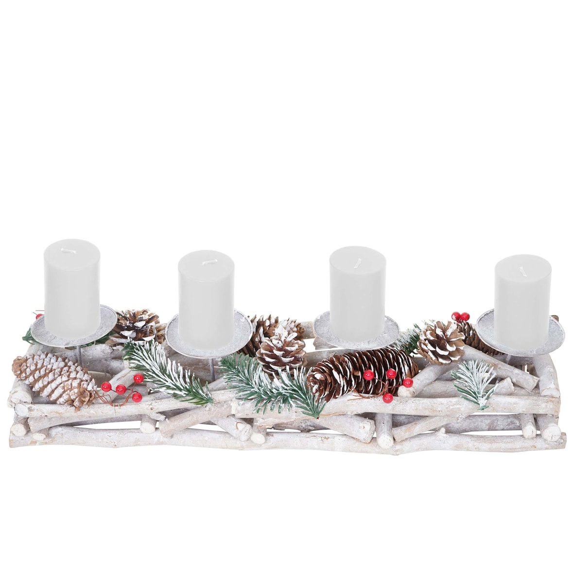 Adventskranz länglich, Weihnachtsdeko Adventsgesteck, Holz 11x15x50cm weiß-grau ~ mit Kerzen, weiß