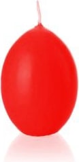Eine rote, eiförmige Kerze.