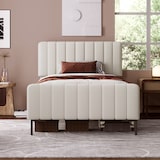 thumbnail of Polsterbett Einzelbett 90×200 mit verstellbarem Kopfteil, gepolstert, Leinenbezug, Massivholz und Metallrahmen, Schlafzimmer, Gästezimmer, Grau-Beige