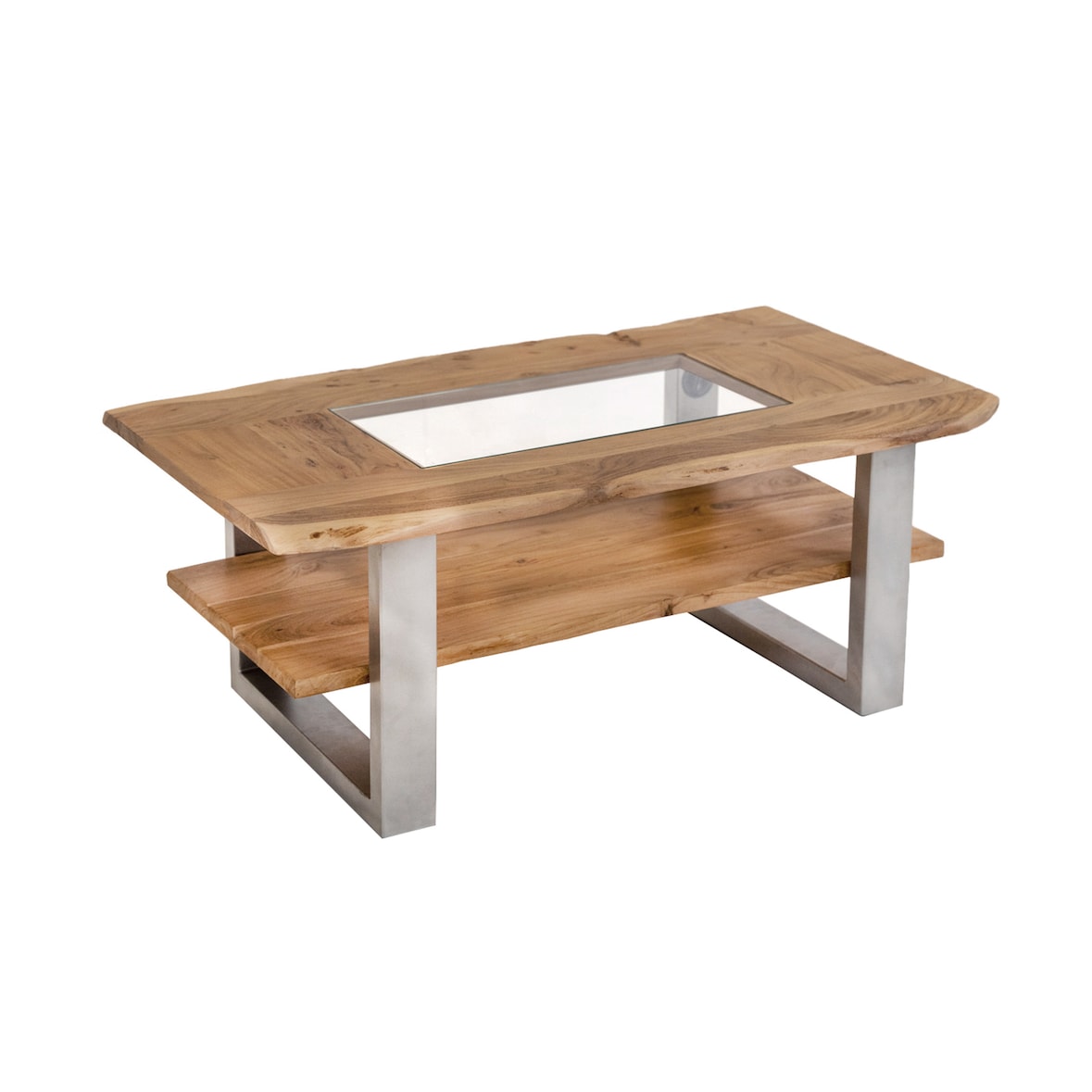 Couchtisch mit Glaseinsatz Baumkante 115 x 65 cm Akazie massiv natur silber PATRICK