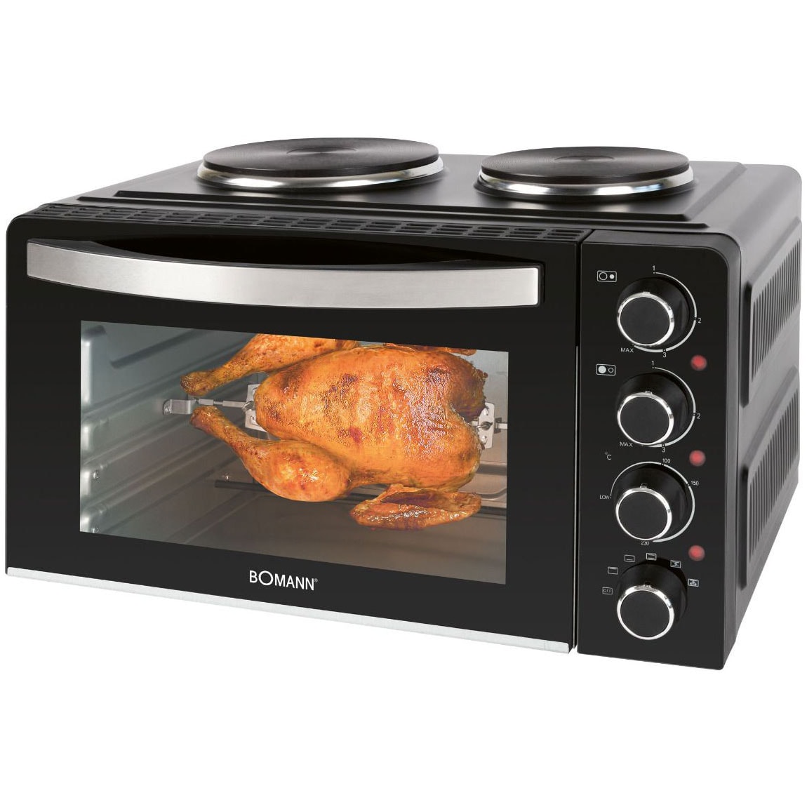 Bomann KK 6059 CB Kleinküche, 28 Liter Mini-Backofen mit 2 Kochplatten, Umluft, Ober- & Unterhitze, Drehspieß, Cool-Touch-Griff, 3100 Watt, Schwarz