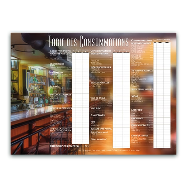 Tarif des consommations BAR - 60x44cm  - Etiq-Etal
