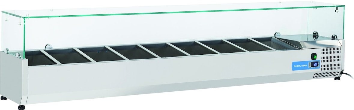 Edelstahl-Kühlvitrine für 10 GN1/4 Tabletts. Abmessungen 200x33.5x44h cm. Temperatur +2°C/+8°C. Kühlkopf VRX 20/33
