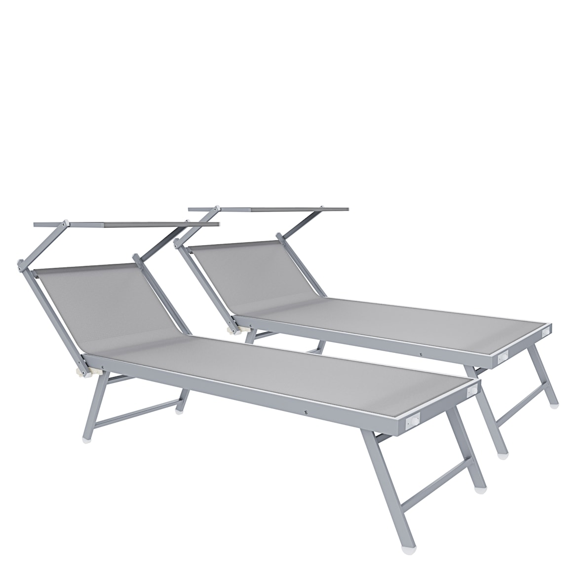 Coppia Di Lettini Prendisole Pieghevole Professionale in Alluminio e Tessuto Textilene Tettuccio Parasole Sdraio Mare Spiaggia 182x60x38 cm Grigio