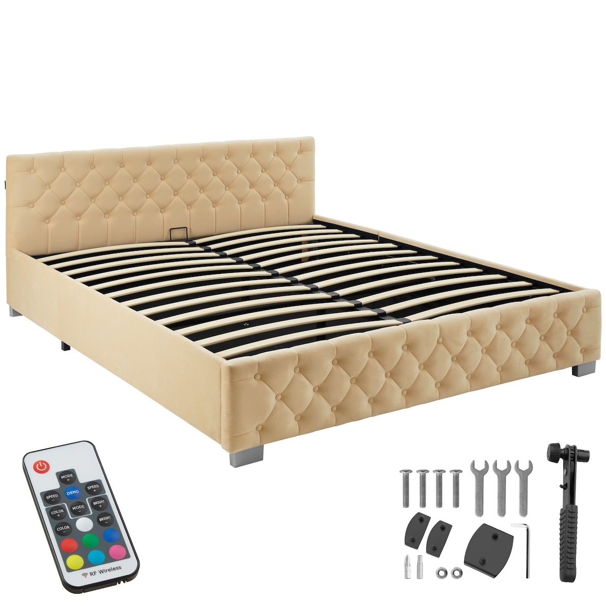 tectake Gestoffeerd bed met LED-strips & opbergruimte - beige, 180 x 200 cm - 405978