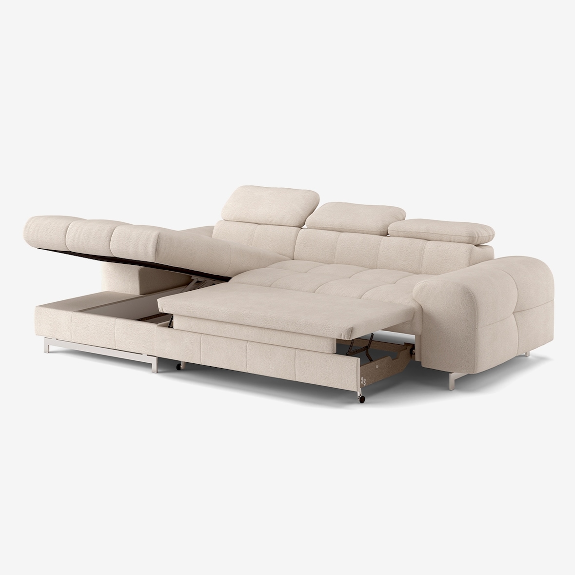 Divano letto 3 posti penisola sinistra contenitore poggiatesta regolabile Nura - Beige-C241563.G008