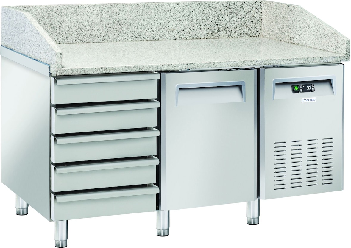 Pizzatheke aus Edelstahl 1 Tür + 5 Schubladen. Platte aus Granit. Automatische Abtauung. Temperatur +2°C/+8°C. Maße 150x80x104h cm. CoolHead QZ16