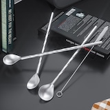 thumbnail of Intirilife 8x Strohhalmlöffel aus Edelstahl in Silber mit 19 cm Länge, 2 schmale Bürsten zum Reinigen und eine Aufbewahrungstasche aus Leinen
