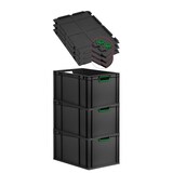 thumbnail of PROREGAL SuperSparSet 3x Eurobox NextGen Color mit Scharnierdeckel & Verschlüssen, HxBxT 32x40x60cm, 65L, Schwarz, Griffe grün offen, Eurobehälter