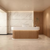 thumbnail of Empfangstheke & Bartheke mit Rundung, Vertikalstreifen-Design, für Salon, Hotel & Laden, Braun 160×60×100cm【Baise+yuanmuse160】