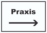 thumbnail of Praxis Schild mit Text und Richtungspfeil rechts Arzt Gesundheit waagerecht A4 Rückseite selbstklebend
