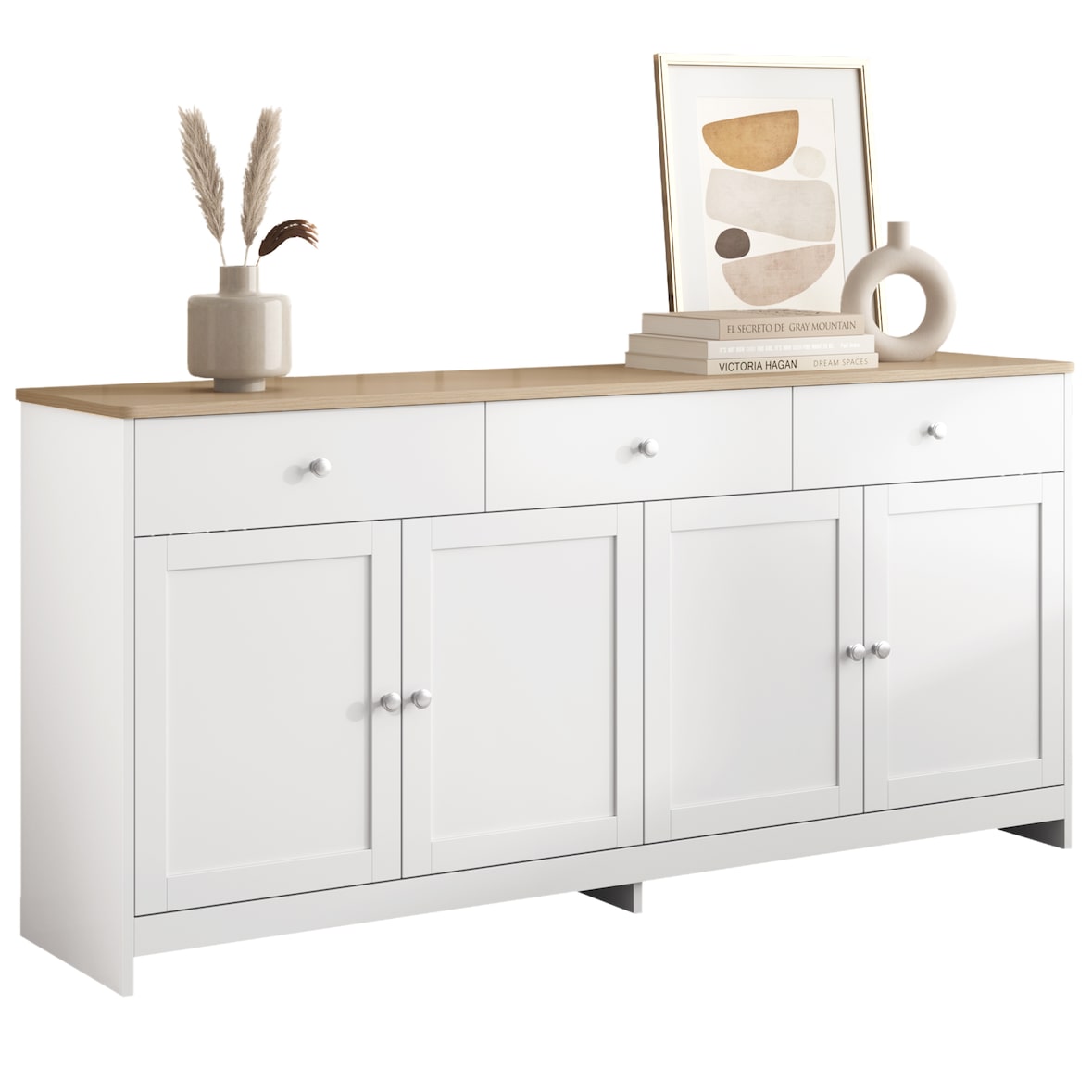Merax Kommode Aufbewahrungsschrank mit drei Schubladen und vier Klappen, Sideboard im Landhausstil, Breite 160cm