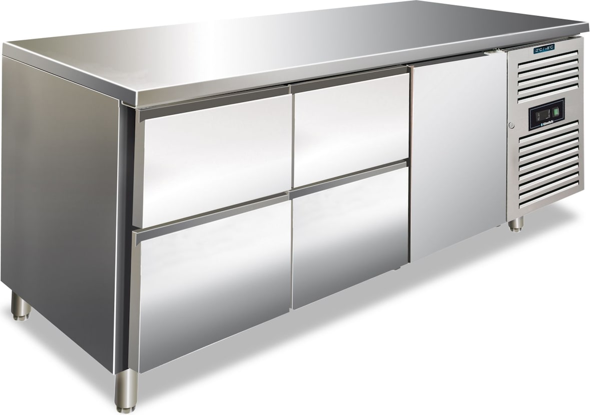 KLIMAITALIA Edelst.-Kühltisch 4 Schubladen zu 1/2 + 1 Tür. Klasse B. Abtau auto. T° -2°C/+8°C. Dim. LxWxH 179,5x70x86 cm. CXF3140TN