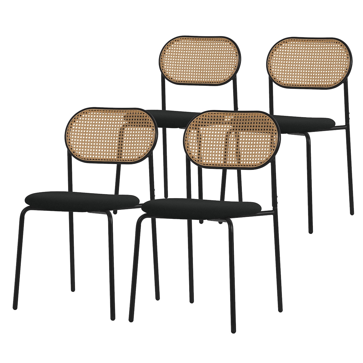 ML-Design Esszimmerstühle 4er-Set Schwarz – gepolsterte Rattanstühle mit gebogener Rückenlehne und Netzdesign, Metallbeine, ergonomisch, ideal für