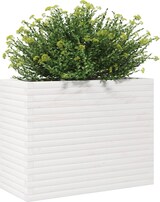Ein weißer rechteckiger Blumenkasten mit Pflanze.