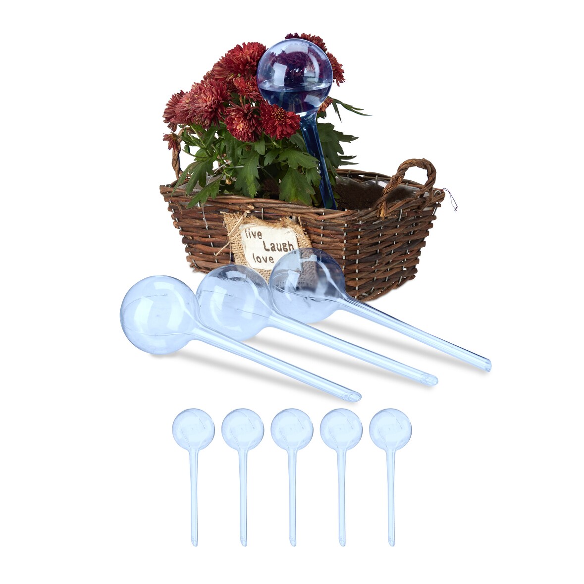 Relaxdays Bewässerungskugeln, 9er Set, HxD: 28 x 8 cm, Durstkugeln für Pflanzen, je 250 ml, Kunststoff, Gießkugel, blau
