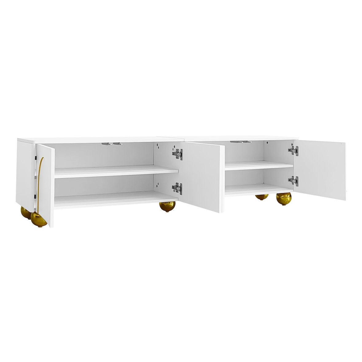 TV Lowboard 170x38x44 cm mit 4 Türen Push to Open, Ablagen innen, gedämpfte Scharniere, Weiß+Gold, Spanplatte, stabile Füße