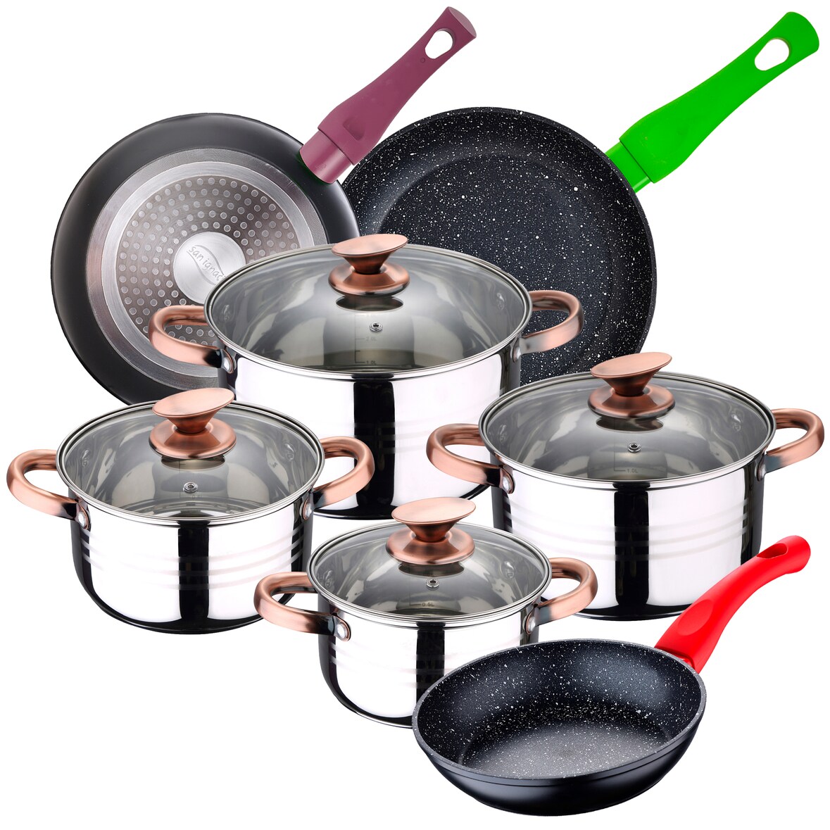 San Ignacio - Nona 16/18/20/24 cm Kochgeschirrset aus Edelstahl, geeignet für Induktion, mit 18/22/26 cm großem Pfannenset aus geschmiedetem Aluminium