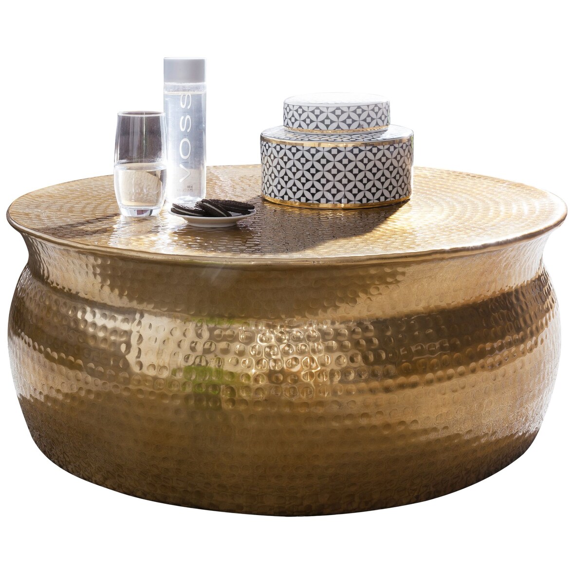 Couchtisch 75x31x75 cm Aluminium Gold Beistelltisch orientalisch rund, Flacher Hammerschlag Sofatisch Metall, Design Wohnzimmertisch modern,