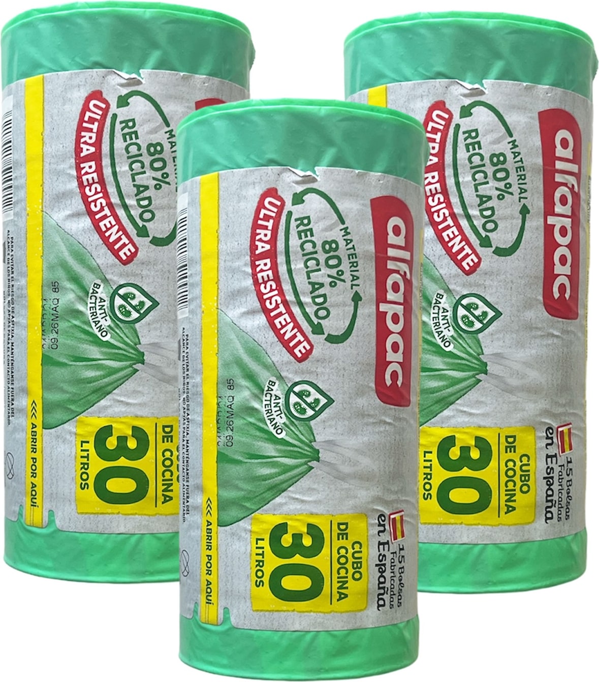 Antibakterielle Alfapac - Müllbeutel 30L 55x60cm mit Selbstverschluss, 3 Rollen x 15 Stück (80% Recycelt)