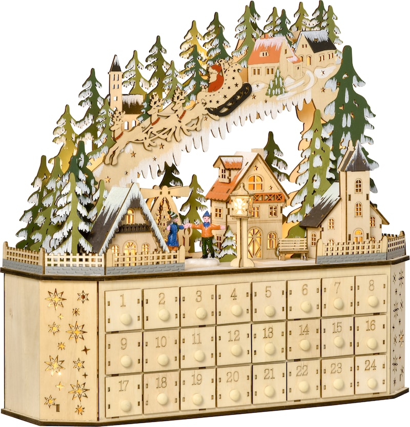 Ein hölzerner Adventskalender mit einer Weihnachtsszene.