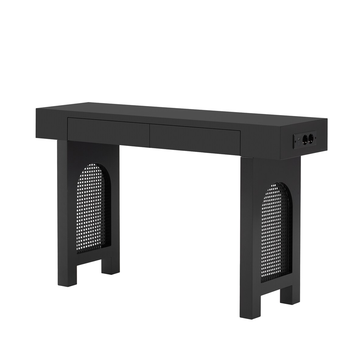Konsolentisch 120x36x77 cm mit 2 Schubladen und Steckdosenleiste, MDF Flurtisch mit Gitterdesign, verstellbare Füße, Schwarz