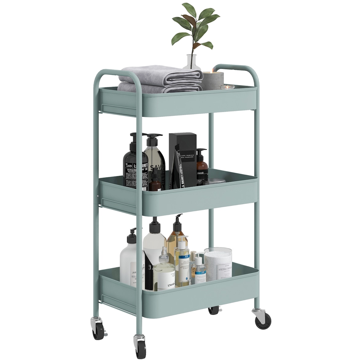 Carrito auxiliar con ruedas carrito de almacenamiento con 3 cestas y marco de acero para salón dormitorio oficina cocina 45x30,6x79 cm azul claro