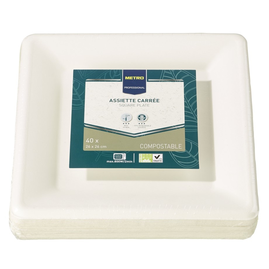 METRO Professional Pappteller, 26 x 26 cm, Einweg, kompostierbar, quadratisch, wasserdicht, weiß, 40 Stück