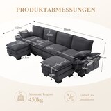 thumbnail of Merax 4-Sitzer-Sofa mit 2x Hocker, USB-C-Anschluss & Seitentaschen, Dicke Kissen, Corduroy, Dunkelgrau
