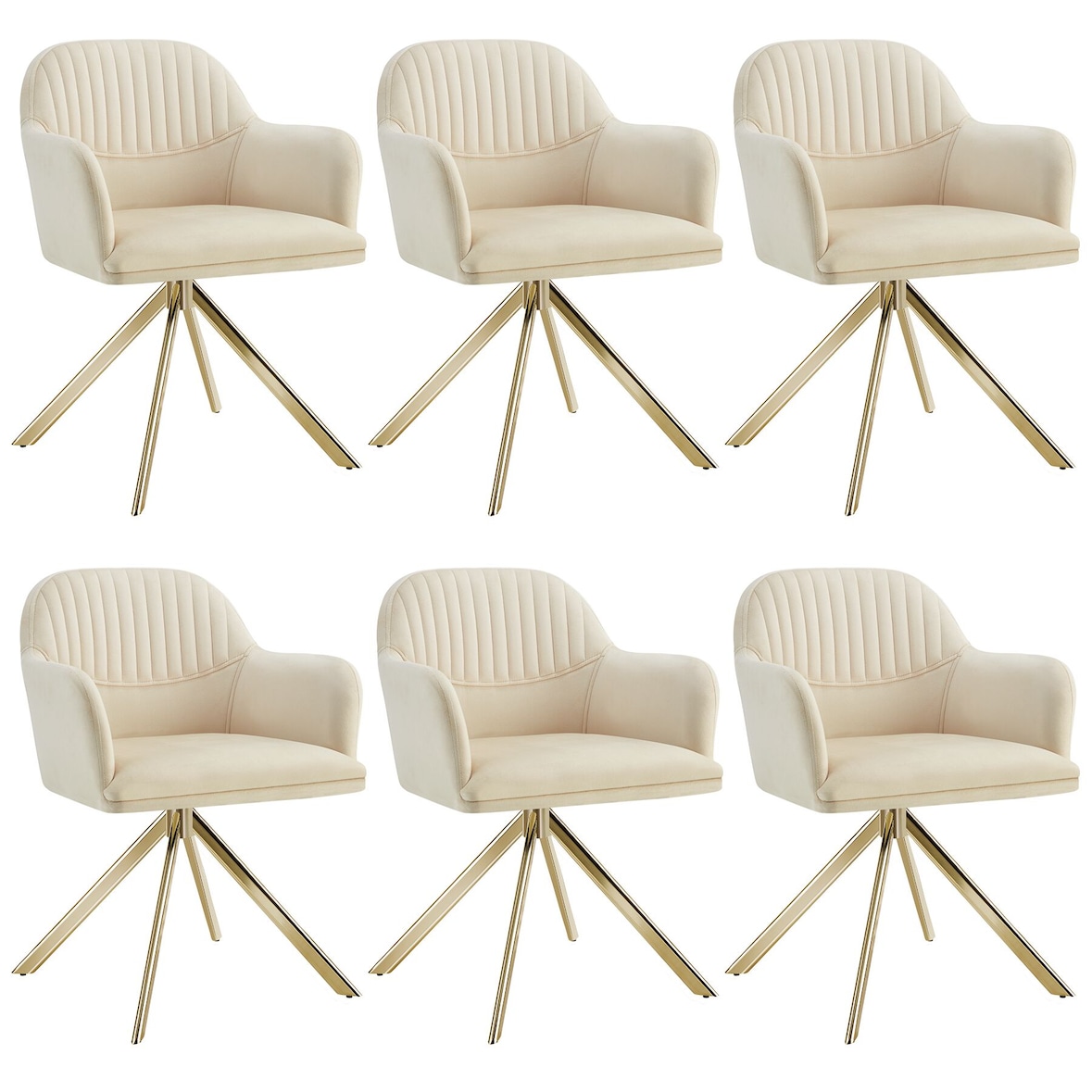 tectake Lona fluwelen draaistoel met dikke vulling - 6-delige set creme/goud