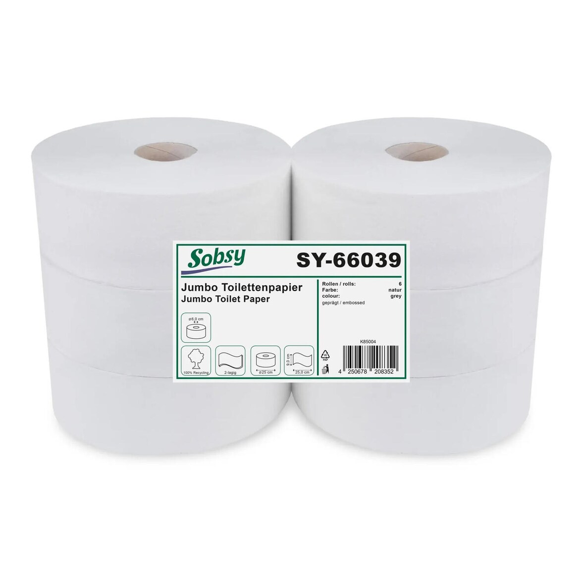 VEPATIM 6 Rollen Jumbo Toilettenpapier 2-lagig Recyclingpapier Kerndurchmesser 6.0 cm