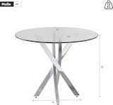 thumbnail of Esstisch rund 80x80x75 cm Silber mit gehärteter Glasplatte und galvanisierten Metallbeinen, kreuzförmiges Gestell, modern und platzsparend