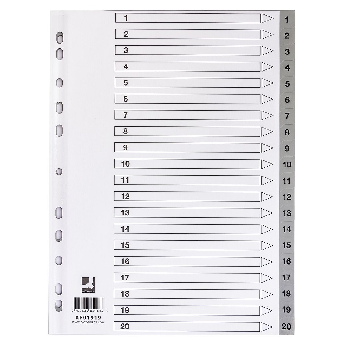 Q-Connect® KF01919 Zahlenregister - 1 - 20, PP, A4, 20 Blatt + Indexblatt, grau