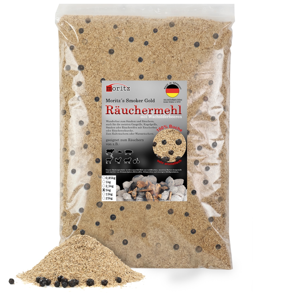 Moritz 5kg Räuchermehl Buche mit Wacholder fein 0,5 -1 mm Räuchern I Kalträuchern von Fisch Fleisch Wurst Käse auch für BBQ I Grill - Räucherspäne