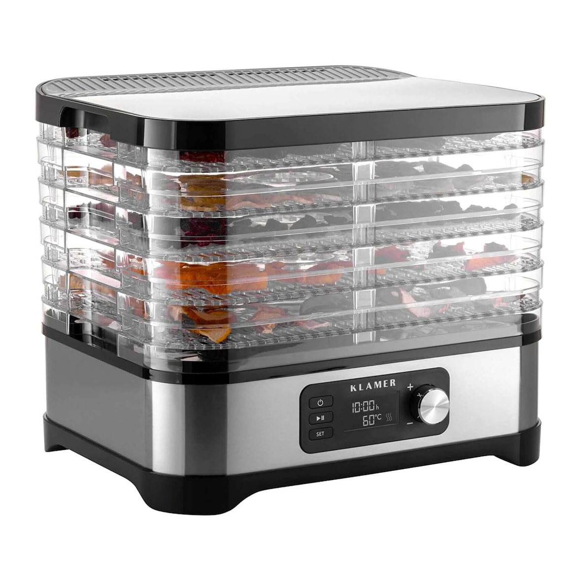 KLAMER Dörrautomat, 400W Dörrautomat Edelstahl mit 5 Einlegefächern und 24h-Timer, Trockner mit Temperaturregler von 35-70°C, BPA frei