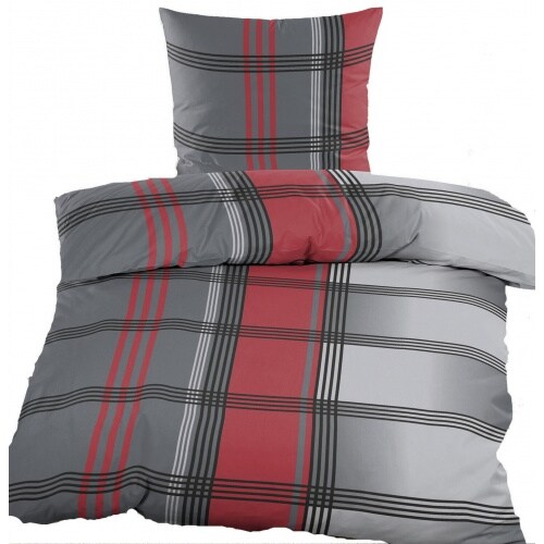 Biber Winter Bettwäsche 135 x 200 + 80x80 cm, 100% Baumwolle, rot grau, Karo/Streifen
