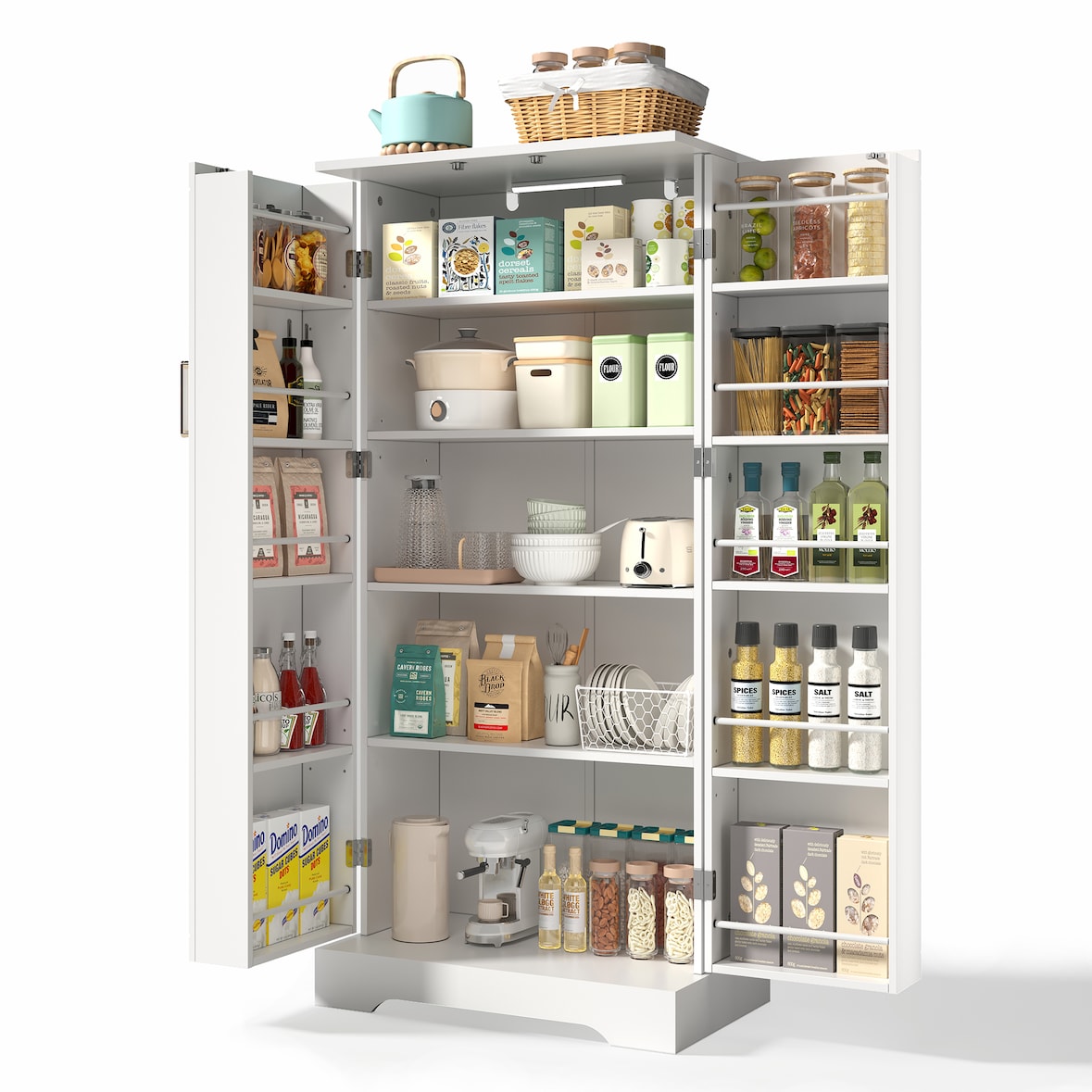 Küchenschrank Weiß 60x35x128 cm mit LED-Sensorleuchte, höhenverstellbaren Einlegeböden und Kippschutz, MDF wasserfest mit Türen und Ablagen