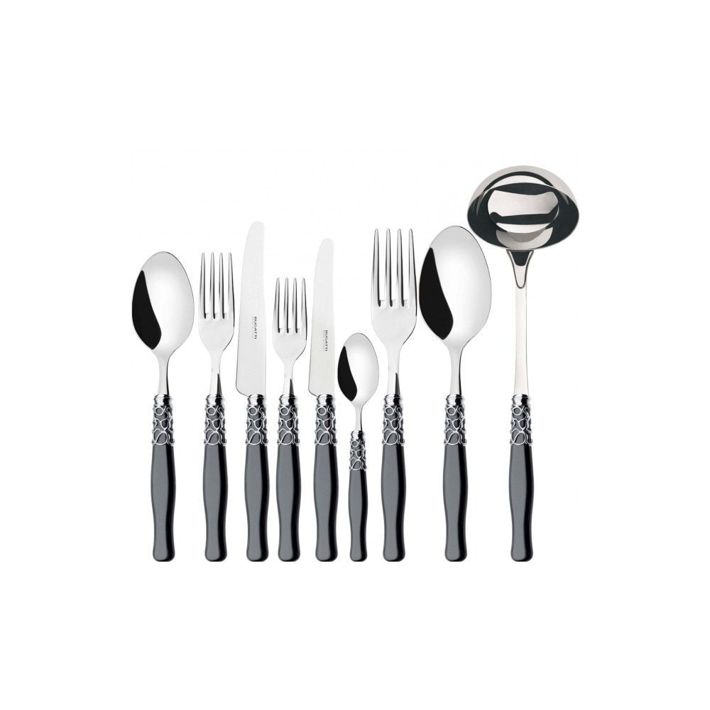 selene, posate set 75 pz ghiera cromo manico nero, scatola gallery, casa bugatti