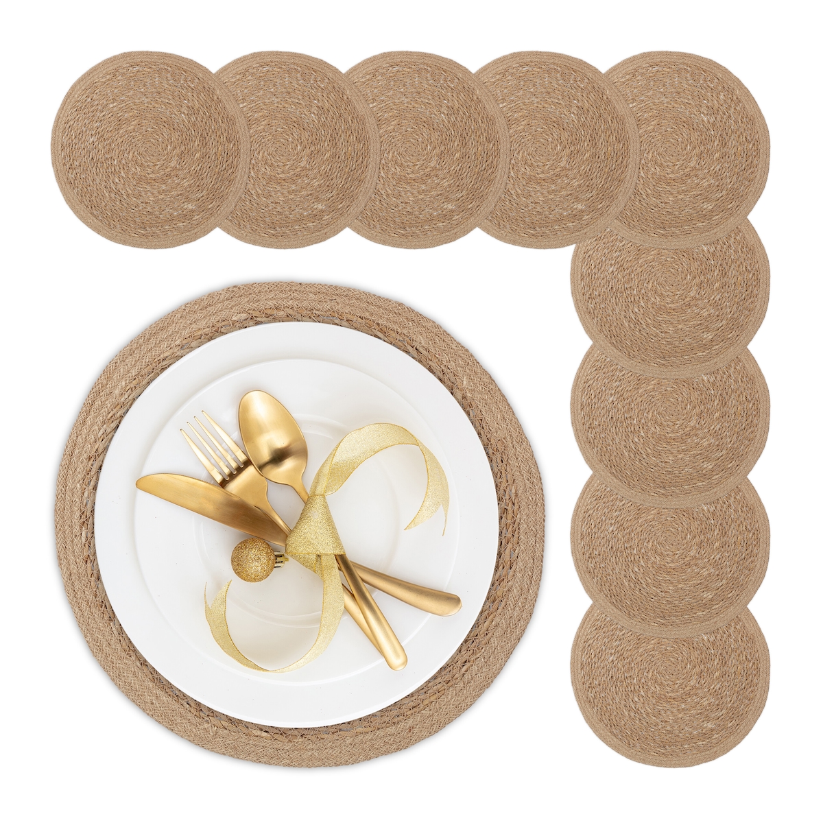 Relaxdays Tischset 10-teilig, für Esstisch, aus Wasserhyazinthe, Platzdecken, runde Telleruntersetzer, Ø 37 cm, natur