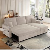 thumbnail of Kombinationssofa aus Cordstoff Beige, ausziehbar als Schlafsofa, mit Stauraum, USB/Type-C, Becherhaltern und Tisch
