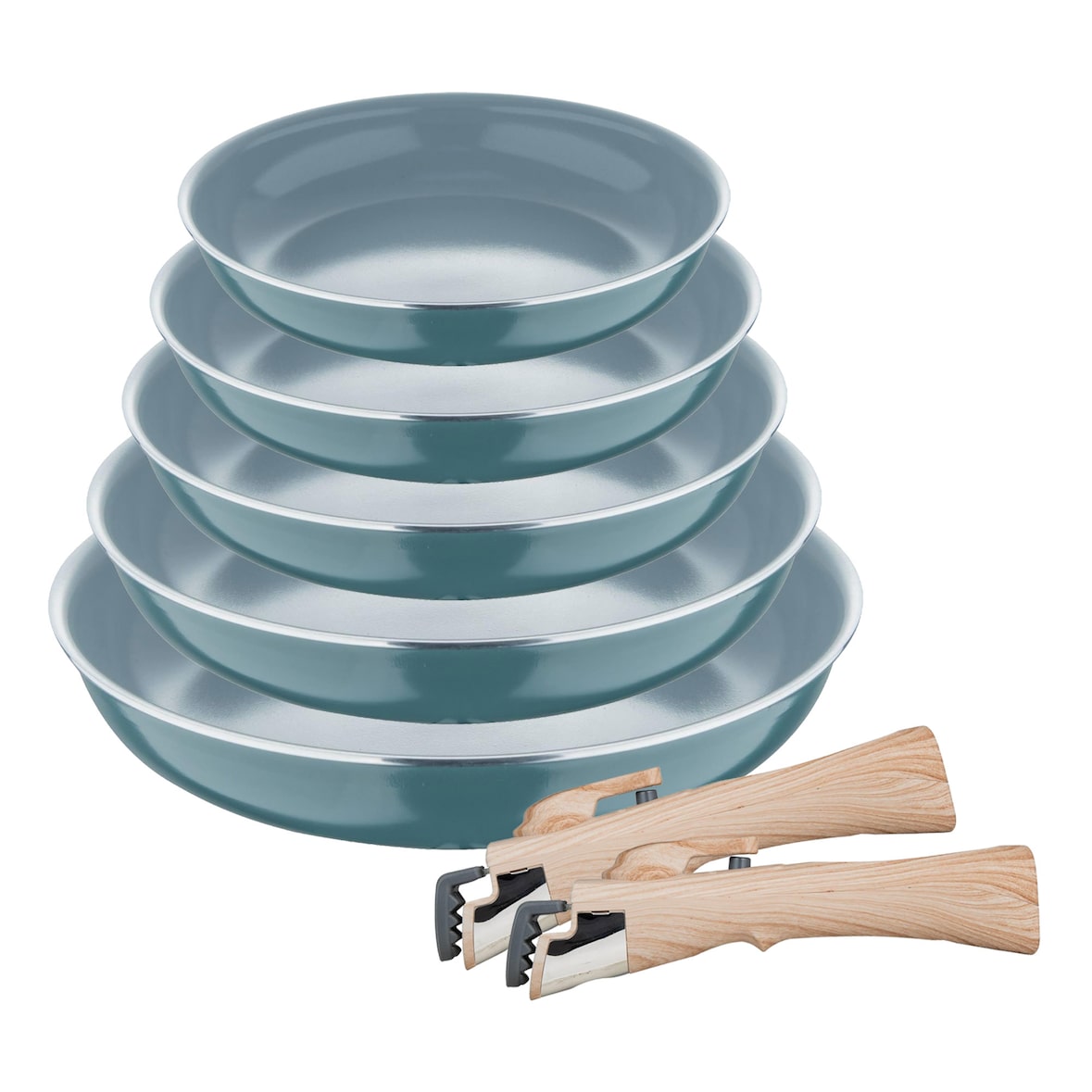 BERGNER Click&Cook - Set de 5 Sartenes Ø18/Ø20/Ø22/Ø24/Ø26cm en Aluminio Prensado Color Verde con 2 Mangos Extraíbles