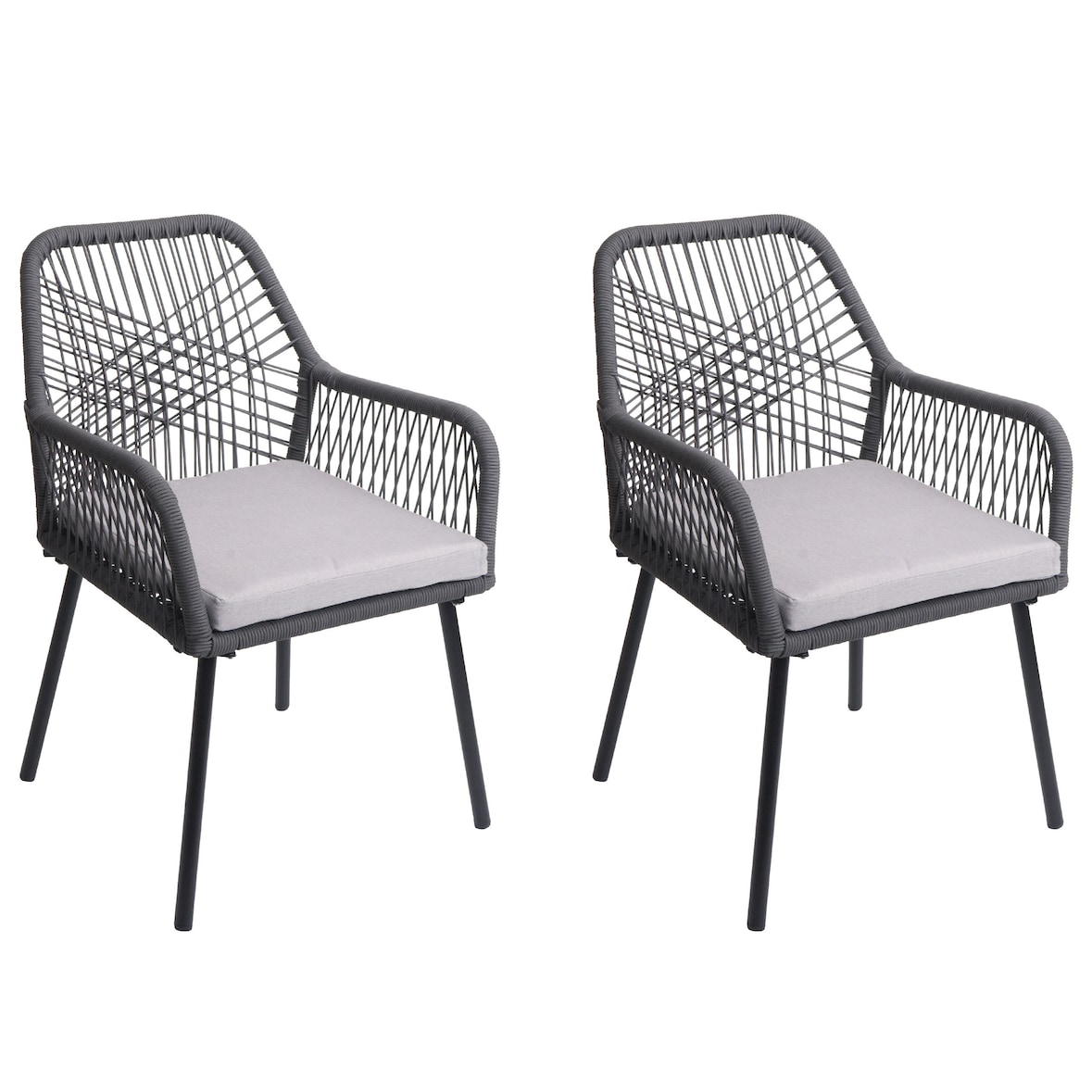 2er-Set Gartenstuhl HWC-O12, Outdoor Sitzpolster Aluminium Seilgeflecht Rope ~ anthrazit, Bezug grau