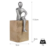 thumbnail of Moderne Dekofigur aus Aluminium auf Mangoholzsockel 9 x 8 x 17,5 cm - sitzende Figur mit herabhängendem Bein - stilvolle Skulptur im Industrie-Design