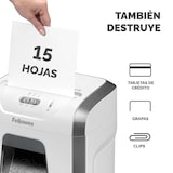 thumbnail of Fellowes Destructora trituradora de papel 15C, corte en partículas, destruye 15 hojas, papelera extraíble de 19L, Bloqueo de Seguridad, Color Blanco