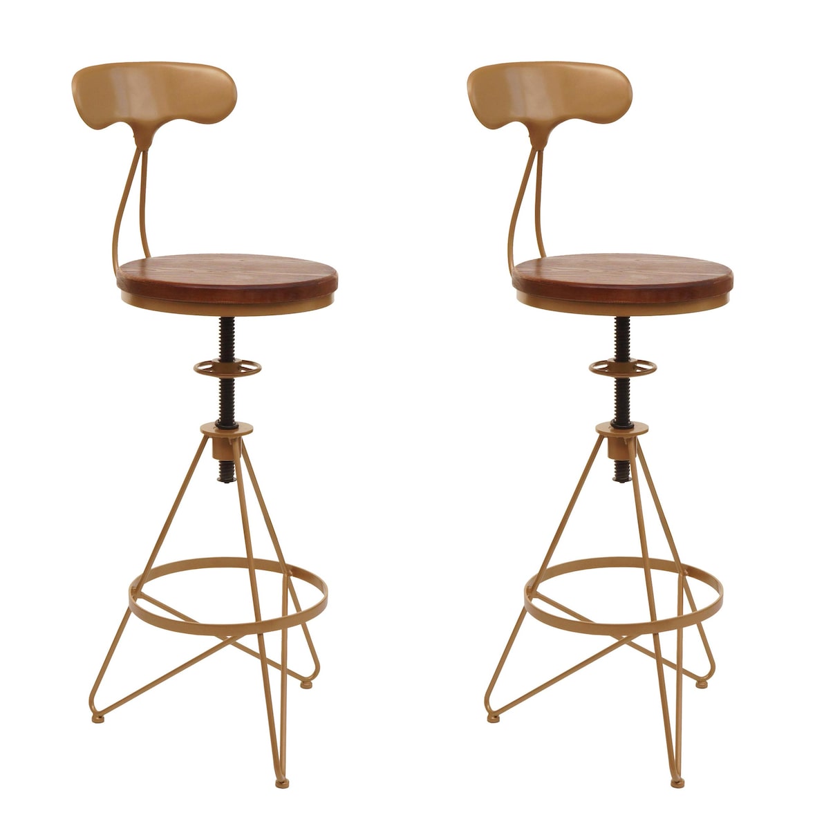 Set di 2 sgabelli da bar HWC-N18, sgabello da bar, poggiapiedi girevole regolabile in altezza, legno metallico industriale ~ marrone, struttura in oro