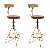 thumbnail of Set di 2 sgabelli da bar HWC-N18, sgabello da bar, poggiapiedi girevole regolabile in altezza, legno metallico industriale ~ marrone, struttura in oro