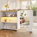 thumbnail of Bartisch ausziehbar Weiß 204x39x105 cm mit Stauraum Schiebetüren aus Glas LED Beleuchtung auf Rollen Stehtisch Kücheninsel